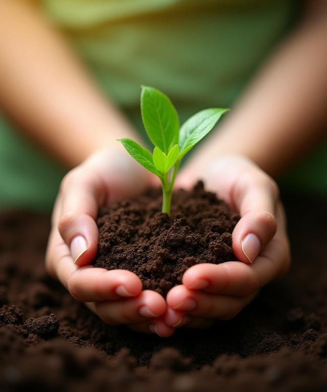 Manos sosteniendo una planta joven que crece de la tierra, simbolizando la sostenibilidad y el cuidado del medio ambiente.